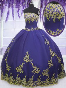 Enchanting Purple Ball Gowns Appliques Sweet 16 Dress Zipper Tulle Sleeveless Floor Length