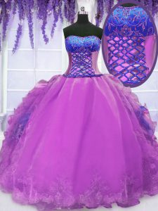 New Arrival Purple Strapless Lace Up Embroidery and Ruffles Quinceanera Dress Sleeveless