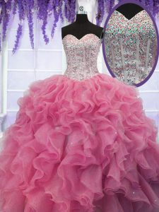 Designer Rose Pink Sweetheart Lace Up Ruffles and Sequins Sweet 16 Dress Sleeveless