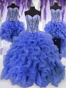 Four Piece Sequins Sweetheart Sleeveless Lace Up Sweet 16 Quinceanera Dress Royal Blue Organza