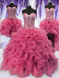 Four Piece Sequins Ruffled Sweetheart Sleeveless Lace Up Sweet 16 Quinceanera Dress Pink Organza