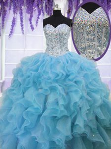 Decent Baby Blue Organza Lace Up 15th Birthday Dress Sleeveless Floor Length Ruffles and Sequins