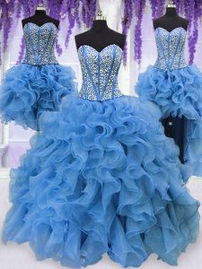 Nice Four Piece Blue Ball Gowns Sweetheart Sleeveless Organza Floor Length Lace Up Ruffles and Sequins Quinceanera Gowns