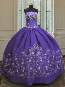 Classical Satin Strapless Sleeveless Lace Up Embroidery Sweet 16 Dress in Purple