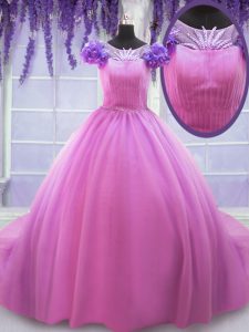 Captivating Floor Length Rose Pink Quince Ball Gowns Scoop Short Sleeves Lace Up