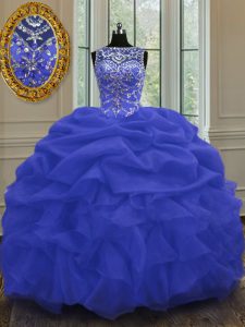 Blue Scoop Neckline Beading and Pick Ups 15 Quinceanera Dress Sleeveless Lace Up