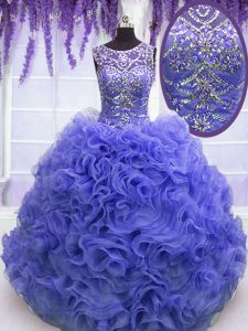 Nice Purple Scoop Lace Up Beading and Ruffles Quinceanera Gown Sleeveless