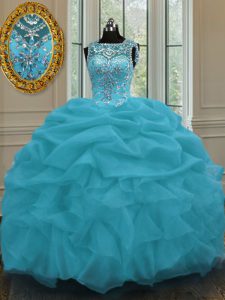 Scoop Baby Blue Sleeveless Beading and Pick Ups Floor Length 15 Quinceanera Dress
