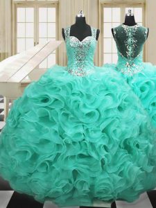 Apple Green Organza Lace Up Straps Sleeveless Floor Length Quince Ball Gowns Beading and Ruffles