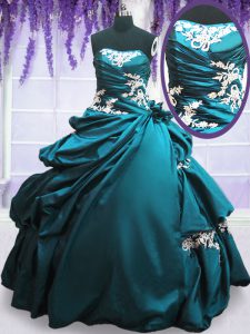 Traditional Floor Length Lace Up Quinceanera Gowns Teal for Military Ball and Sweet 16 and Quinceanera with Appliques an