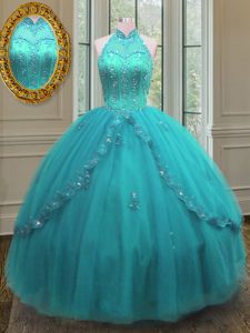 Pretty Beading and Appliques Quinceanera Gown Aqua Blue Lace Up Sleeveless Floor Length