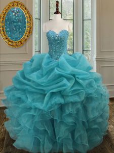 Chic Floor Length Aqua Blue 15th Birthday Dress Sweetheart Sleeveless Lace Up