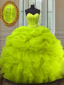 Yellow Green Ball Gowns Sweetheart Sleeveless Organza Floor Length Lace Up Beading and Ruffles and Pick Ups Ball Gown Pr