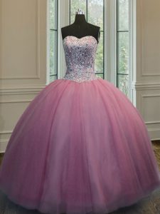 Fashion Baby Pink Sleeveless Organza Lace Up Quinceanera Gowns for Military Ball and Sweet 16 and Quinceanera