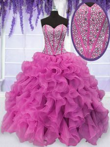 Glorious Sweetheart Sleeveless Lace Up Quinceanera Dress Hot Pink Organza