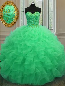 Green Lace Up Sweetheart Beading and Ruffles Quinceanera Dresses Organza Sleeveless