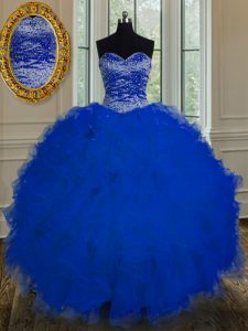 Fancy Sweetheart Sleeveless Quince Ball Gowns Floor Length Beading and Ruffles Royal Blue Tulle