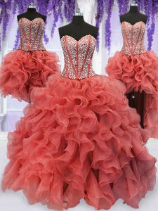 Nice Four Piece Sweetheart Sleeveless 15th Birthday Dress Floor Length Beading and Ruffles Coral Red Organza