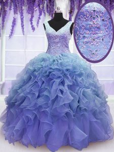 Hot Selling Purple Sleeveless Beading and Embroidery and Ruffles Floor Length Vestidos de Quinceanera