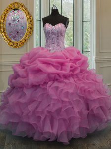 Simple Pick Ups Ball Gowns Sweet 16 Dresses Rose Pink Sweetheart Organza Sleeveless Floor Length Lace Up