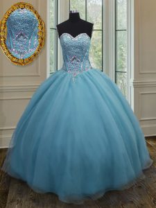 Sleeveless Floor Length Beading Lace Up Ball Gown Prom Dress with Baby Blue