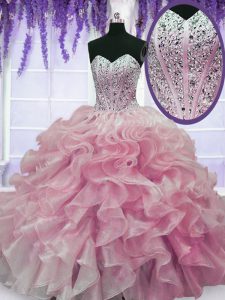Rose Pink Quinceanera Dresses Military Ball and Sweet 16 and Quinceanera and For with Beading and Ruffles Sweetheart Sle