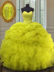 Lovely Sleeveless Beading and Ruffles and Pick Ups Lace Up Ball Gown Prom Dress