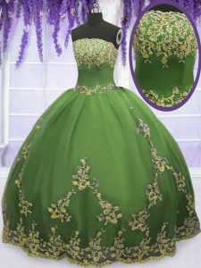 Popular Strapless Sleeveless Quinceanera Dress Floor Length Appliques Olive Green Tulle