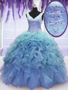 Floor Length Lace Up Quinceanera Dresses Blue for Military Ball and Sweet 16 and Quinceanera with Beading and Embroidery