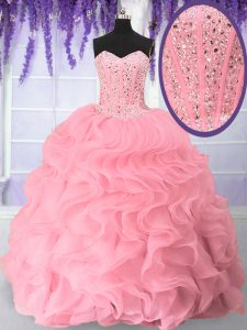 Perfect Floor Length Pink 15 Quinceanera Dress Organza Sleeveless Beading and Ruffles