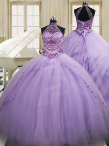 Classical Lavender Halter Top Lace Up Beading and Embroidery Vestidos de Quinceanera Sweep Train Sleeveless