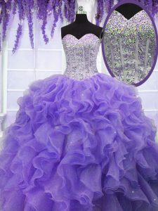 Lavender Ball Gowns Sweetheart Sleeveless Organza Floor Length Lace Up Ruffles and Sequins 15th Birthday Dress