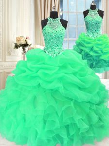 Three Piece Green Ball Gowns Organza High-neck Sleeveless Beading and Pick Ups Floor Length Lace Up Quinceanera Dresses