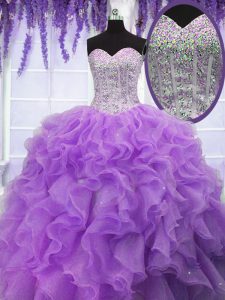 Latest Sequins Lavender Sleeveless Organza Lace Up Quinceanera Dresses for Military Ball and Sweet 16 and Quinceanera