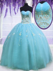 New Style Ball Gowns Quinceanera Dresses Baby Blue Sweetheart Organza Sleeveless Floor Length Zipper