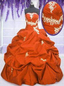 Orange Red Taffeta Lace Up Strapless Sleeveless Floor Length Sweet 16 Dresses Appliques and Pick Ups
