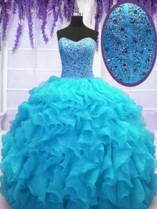 Sleeveless Floor Length Beading and Ruffles Lace Up Sweet 16 Quinceanera Dress with Baby Blue