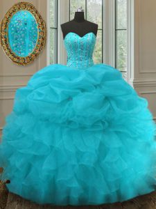 Sleeveless Floor Length Beading and Ruffles and Pick Ups Lace Up Sweet 16 Dresses with Aqua Blue