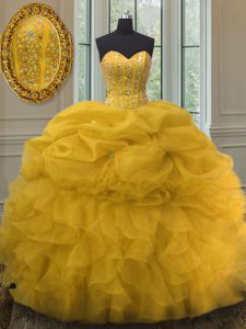 Gold Ball Gowns Organza Sweetheart Sleeveless Beading and Ruffles and Pick Ups Floor Length Lace Up 15th Birthday Dress