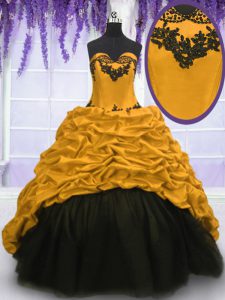 Gold Lace Up Sweetheart Appliques and Pick Ups Quinceanera Gown Taffeta Sleeveless Sweep Train