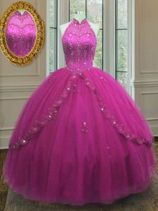Chic Ball Gowns Sweet 16 Quinceanera Dress Fuchsia High-neck Tulle Sleeveless Floor Length Lace Up