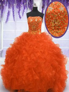 With Train Orange Red Quinceanera Dress Organza Brush Train Sleeveless Beading and Appliques and Ruffles