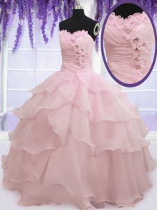 Baby Pink Lace Up Sweetheart Ruffled Layers Vestidos de Quinceanera Organza Sleeveless