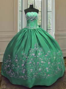 Dramatic Green Ball Gowns Embroidery Quinceanera Dresses Lace Up Satin Sleeveless Floor Length