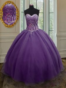 Spectacular Purple Sleeveless Organza Lace Up Quinceanera Gown for Military Ball and Sweet 16 and Quinceanera