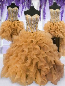 Flirting Four Piece Floor Length Lace Up Vestidos de Quinceanera Gold for Military Ball and Sweet 16 and Quinceanera wit