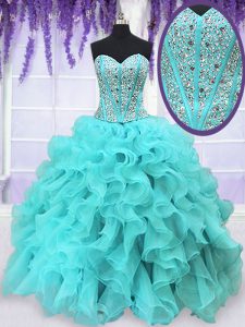 Sleeveless Floor Length Beading and Ruffles Lace Up Ball Gown Prom Dress with Aqua Blue