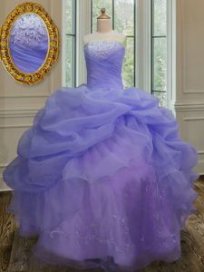 Captivating Pick Ups Ball Gowns Sweet 16 Dress Lavender Strapless Organza Sleeveless Floor Length Lace Up