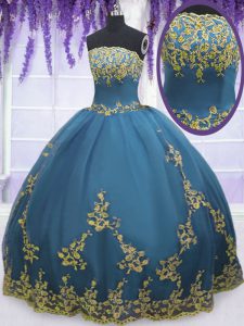 Flare Teal Ball Gowns Strapless Sleeveless Tulle Floor Length Zipper Lace and Appliques Sweet 16 Dress