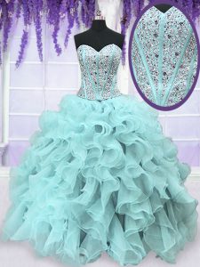 Fabulous Light Blue Organza Lace Up Sweetheart Sleeveless Floor Length Quinceanera Gown Beading and Ruffles